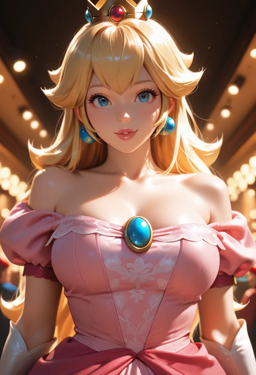 masterpiece, best quality, vibrant, very aesthetic, high contrast, photorealistic portrait, newest, BREAK 1girl,super mario brothers,source_super mario brothers,princess peach,off shoulder dress,inviting posture,party,
