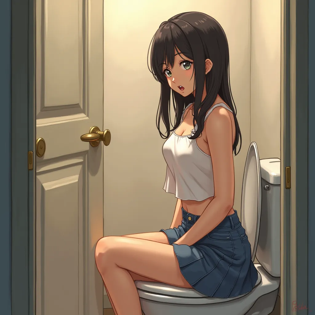 you opened the bathroom door with the intention of entering. While you were surprised to find that your sister, Alisa, was about to use the bathroom, taking off her denim mini skirt and sitting on the toilet, she turned her eyes. YOU WITH A SHOCKED FACE"Hu...