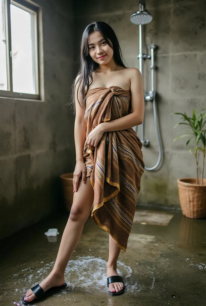 cute sumatran fourteen yo girl, wet hair, wearing sarong, soap on the floor, bathing under the shower, black slippers, Look at the camera, waist below exposed, wide angle full body shot,