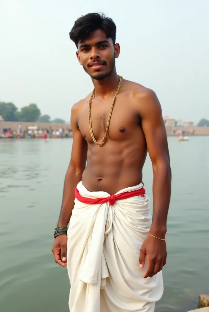 A young fair skin color  Indian Men wearing only white dhoti with a red strip in it and he is covering he's half body with a white clothe. HE HAS LITTLE CHEST HAIR ON THE CHEST AND WEARING A single GOLD CHAIN. Little bulky body. He is standing near ganga r...