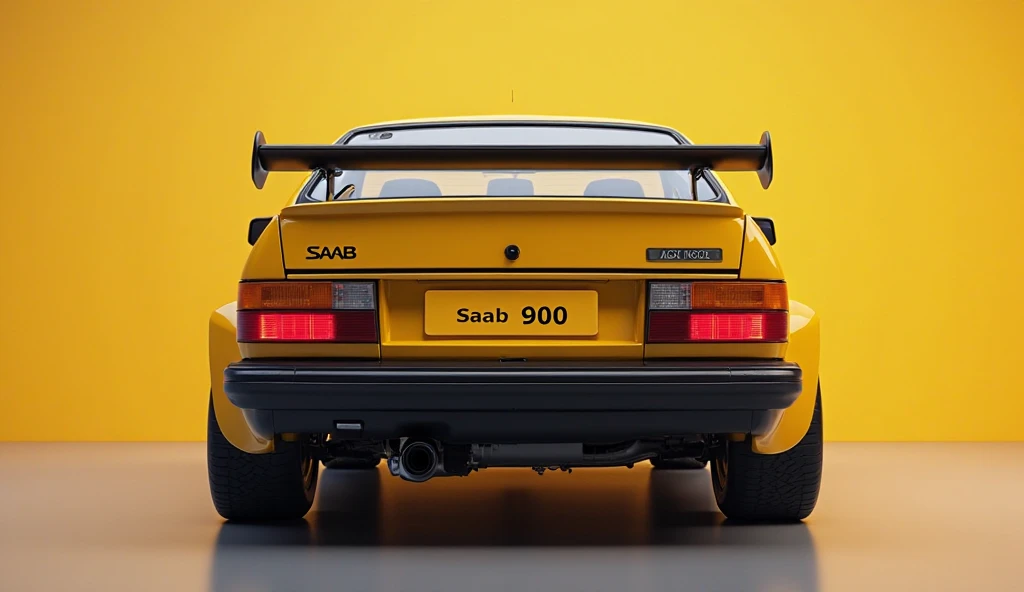 Create straight (back ) view of a modern 2025 Saab 900 turbo  in (Monte Carlo Yellow)  color in Lexury Bright showroom background captured from straight (back) view in sports look and overall 3d render and reflecting lights on car body and write . (saab 90...