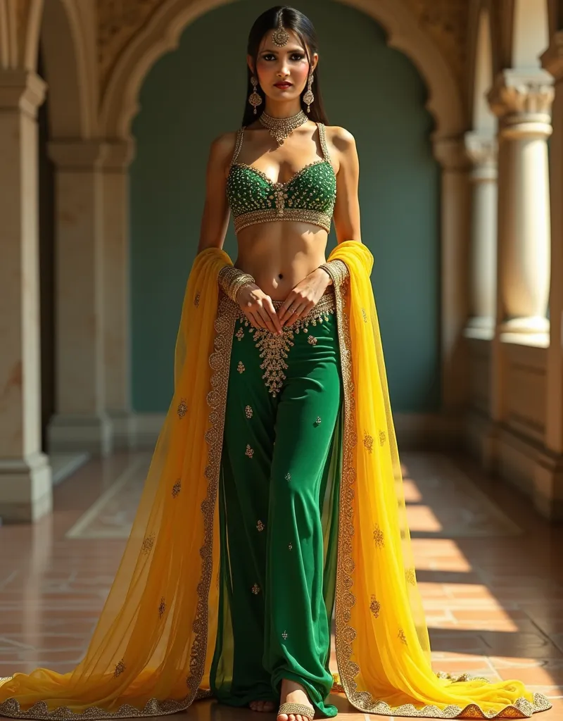 Generate a hyper-realistic full-body image of a beautiful Indian woman with a slim physique, featuring a breast size of 38D.She is wearing  wear punjabi green sequin salwar kameez (fitting of cloth is tight that every curve fluant)heavy embrodiary yellow d...