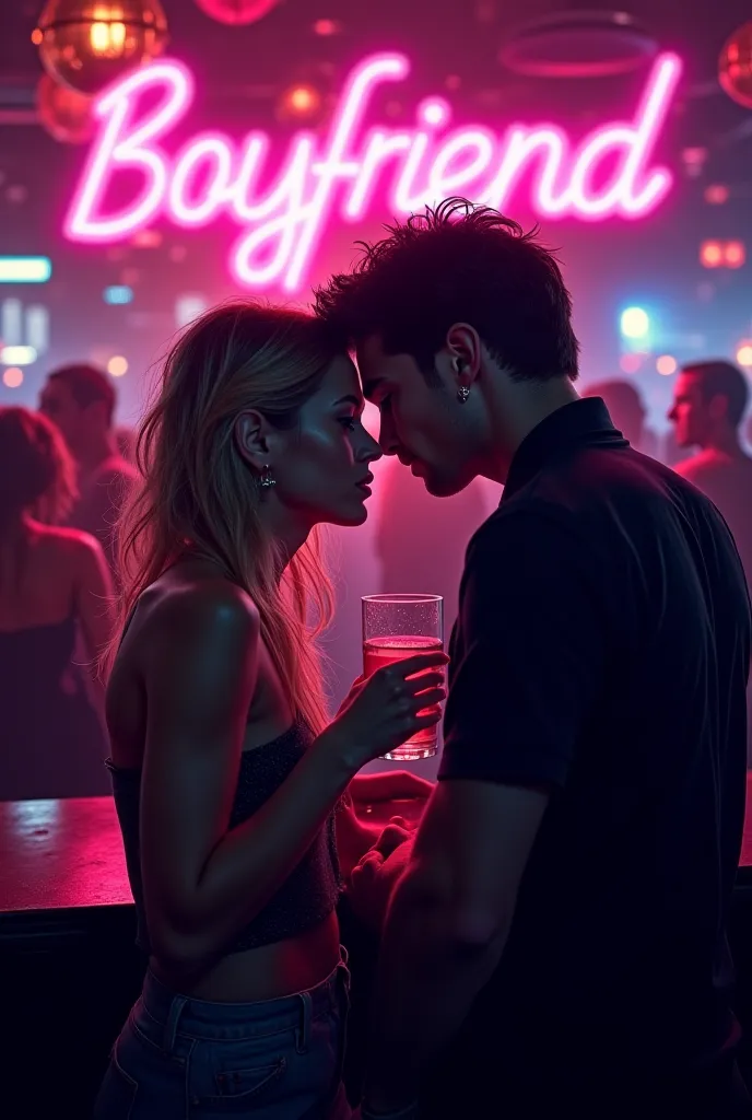 "A dimly lit nightclub with pulsating neon lights and a moody, electric atmosphere. In the foreground, a young woman with tousled blonde hair sits at the bar, sipping a drink, her expression unreadable. A dark, enigmatic man with piercing silver eyes and a...