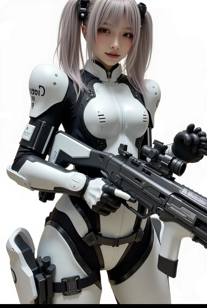 Japanese　　woman　　(((Inside cosmic rays)))　(((twin tails　silver hair in two beds))) 　healthy skin color　 severe face 　Rounded outline　gentle eyebrows 　round eyes　sagitales　　cyberpunk　white and black armored suit　　Face shield　translucent　　face guard an engag...