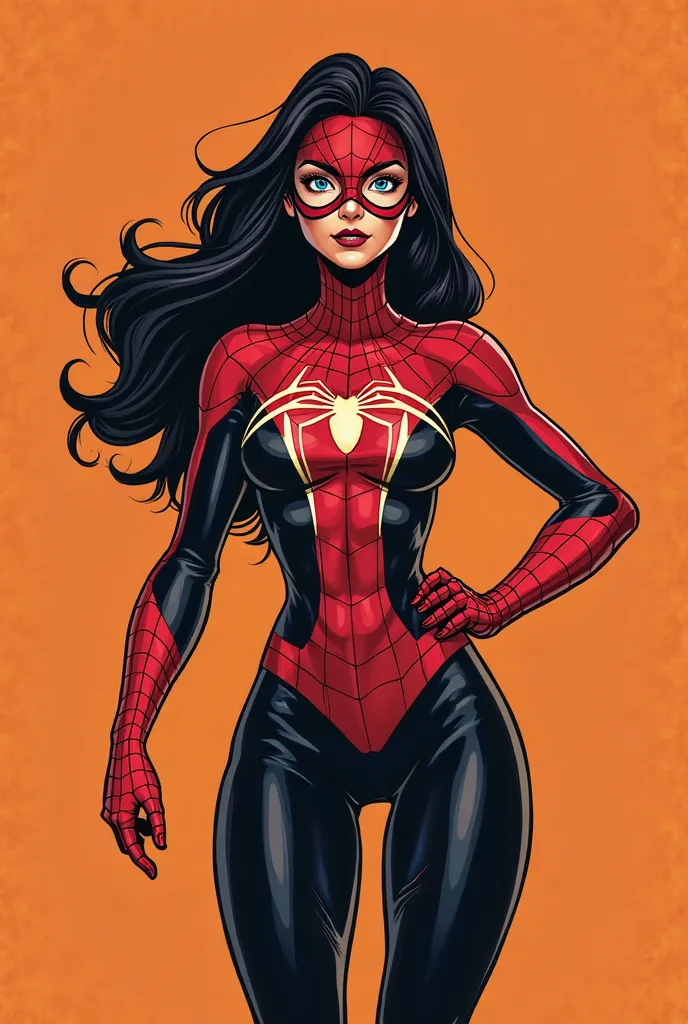 A dynamic superhero character inspired by spider-themed motifs, featuring a female figure in a stylized, sleek superhero costume that includes elements of a spider design. The costume is a combination of red and black, with web patterns and a distinctive s...