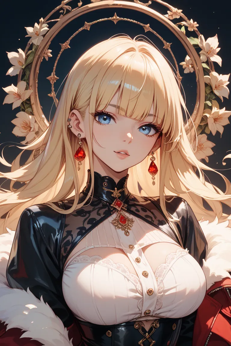 Blonde long perm with bangs, blue eyes, red piercings, big breasts, kind