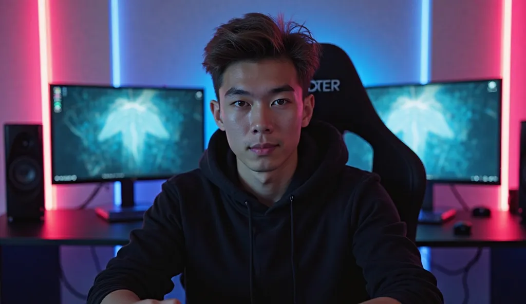 "A young, professional YouTuber is sitting in his gaming or streaming studio, dressed in a modern black outfit. Behind him is a high-tech multi-monitor setup with neon lights, creating a stylish and streaming-friendly environment. The image should be in a ...