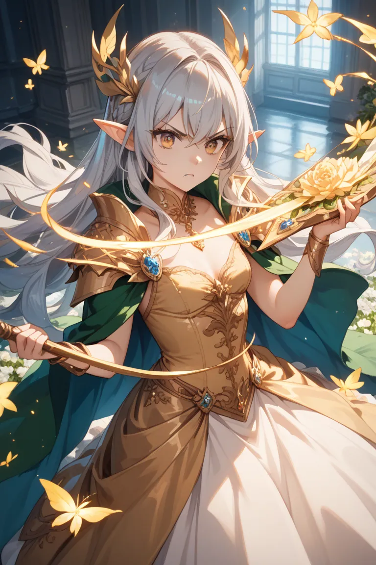 cute anime style with big eyes, an 18-year-old silver-haired long hair female elf princess with golden eyes, skinny skinny body, wearing shiny elven royal dress with a flowing emerald cape, determined struggling face, holding a magical scale showing her we...