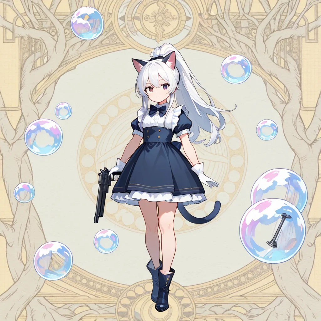 woman，Japanese illustration，Q version，full body， white hair， Odd Eye ， High Ponytail， cat ears，Cat Tail ，Medical personnel，Bubbles，gun， White Gloves ，bow tie，cute，ECG，Relaxed inner 