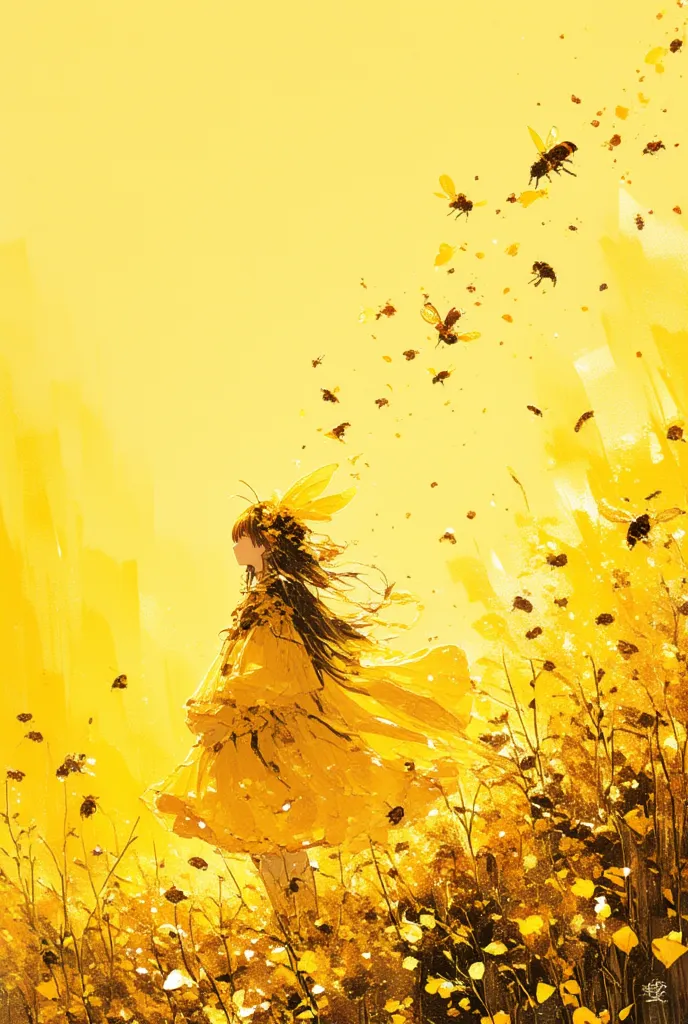  Yellow Gradation Background、 simple 、Girl Who Cosplayed as a Bee、Pale Light of Spring、 Dance of the Bees  、Dancing Swarm of Bees、The shining   、Colorful Particles of Light、light design、ジャン・Moebius・ジローにインスパイアされた水墨画 、  Petals Pouring  、Moebiusの絵画からインスパイアされた...