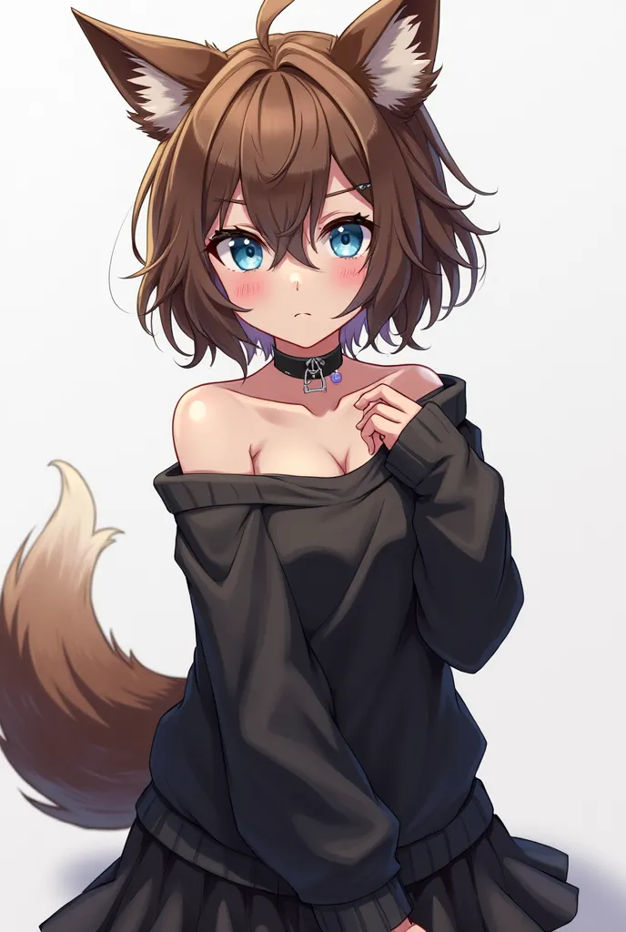 Anime wolf girl, fluffy tail, wolf ears, short messy and tousled brown hair, brown wolf ears, and tail, wearing a black loose sweater, with choker on her neck, put piercings in one of the wolf ears, blue eyes- black skirt