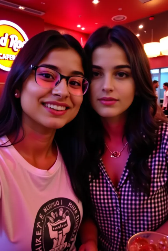 A woman and a woman, young indian adults, are in a close-up selfie. The woman, light-skinned, is wearing glasses and a white t-shirt with a graphic design. The woman, also light-skinned, has dark hair and is wearing a black and white gingham top and a gold...