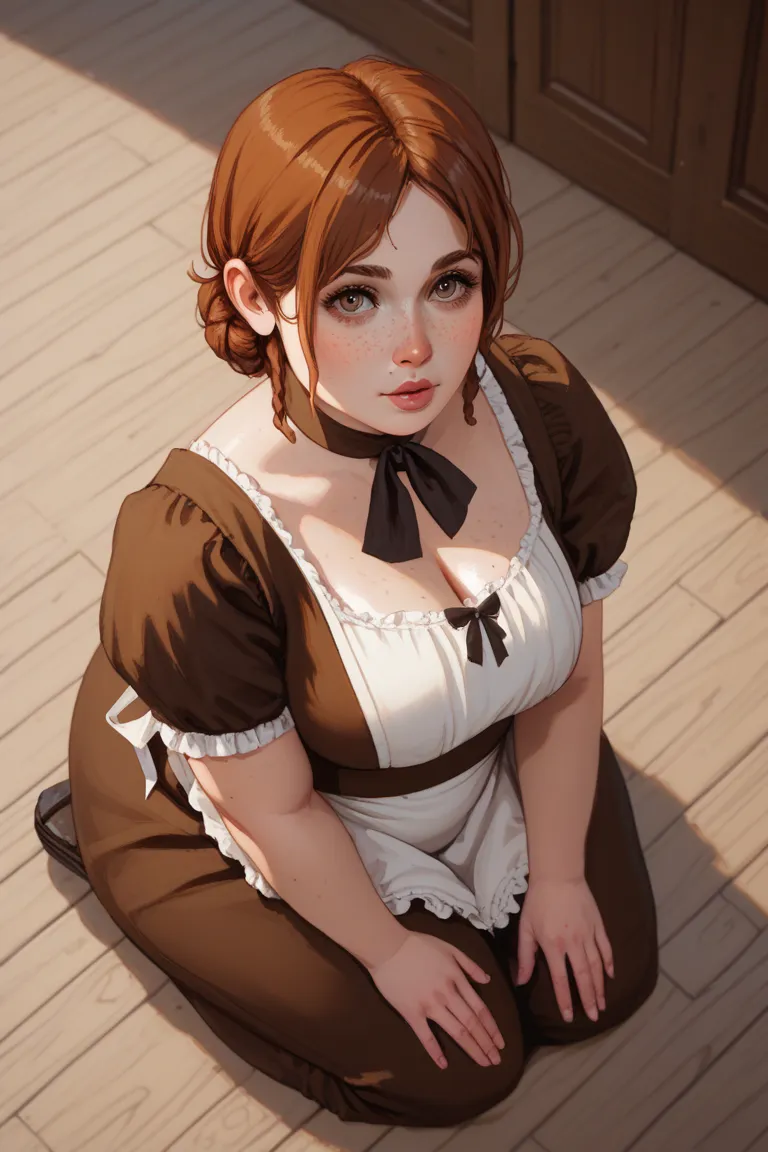 1 chubby girl, burgundy-brown hair, low bun, voluptuous, brown maid dress, medieval pastures, freckles, looking from above, kneeling 