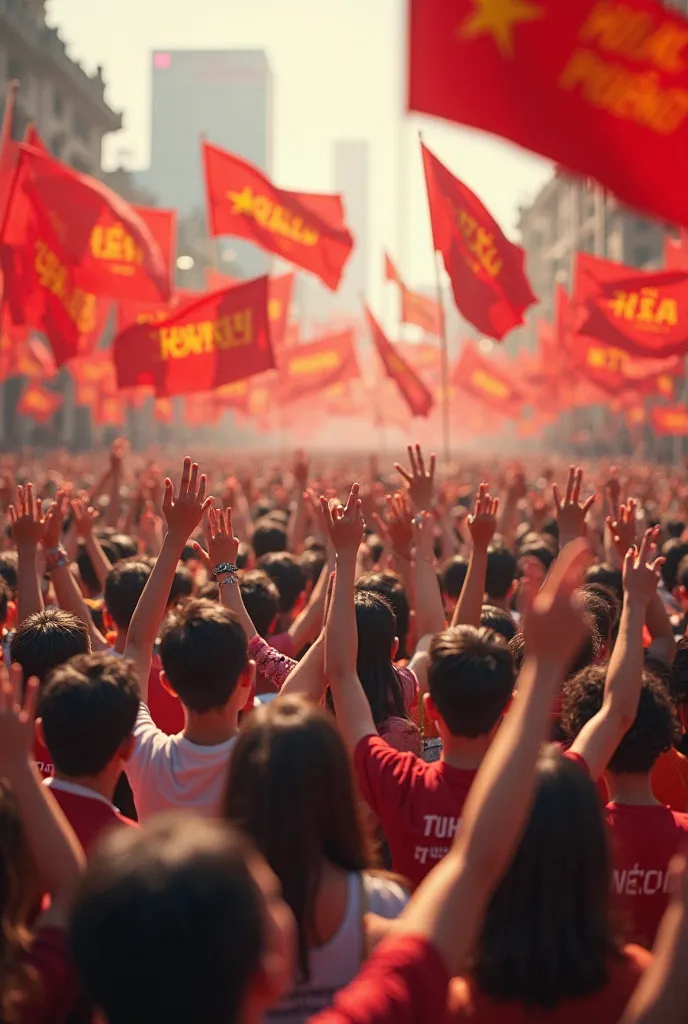 Make crowd waving flags with words “Ông ngoan nhất thế giới”