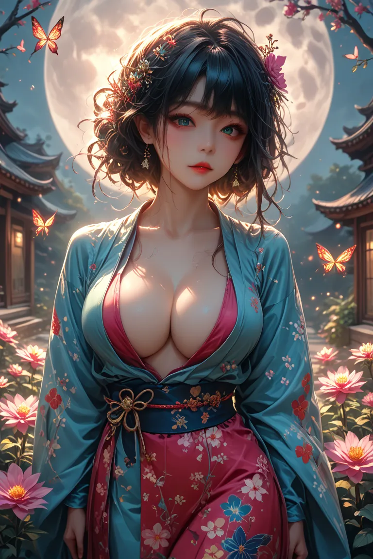 young korean girl, kimono, serene garden, full moon, sbutterflies and flowers, cinematic lighting, extremely detailed, 8K, masterpiece, plunging neckline, big breasts, cleavage, 