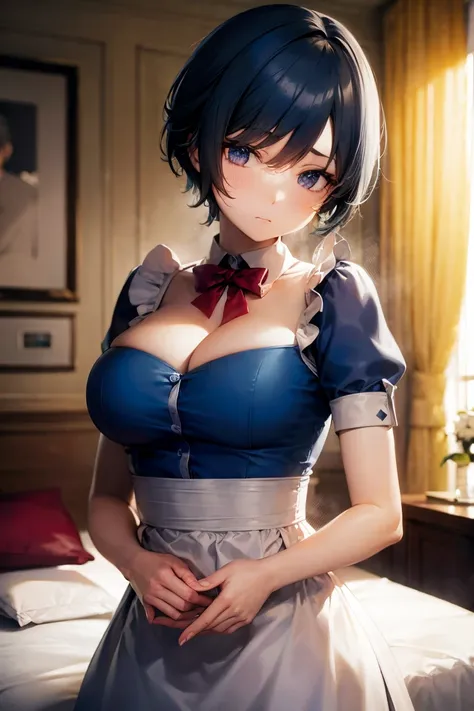 background:Guest room of the mansion。blue short hair、busty maid、emotionless face。