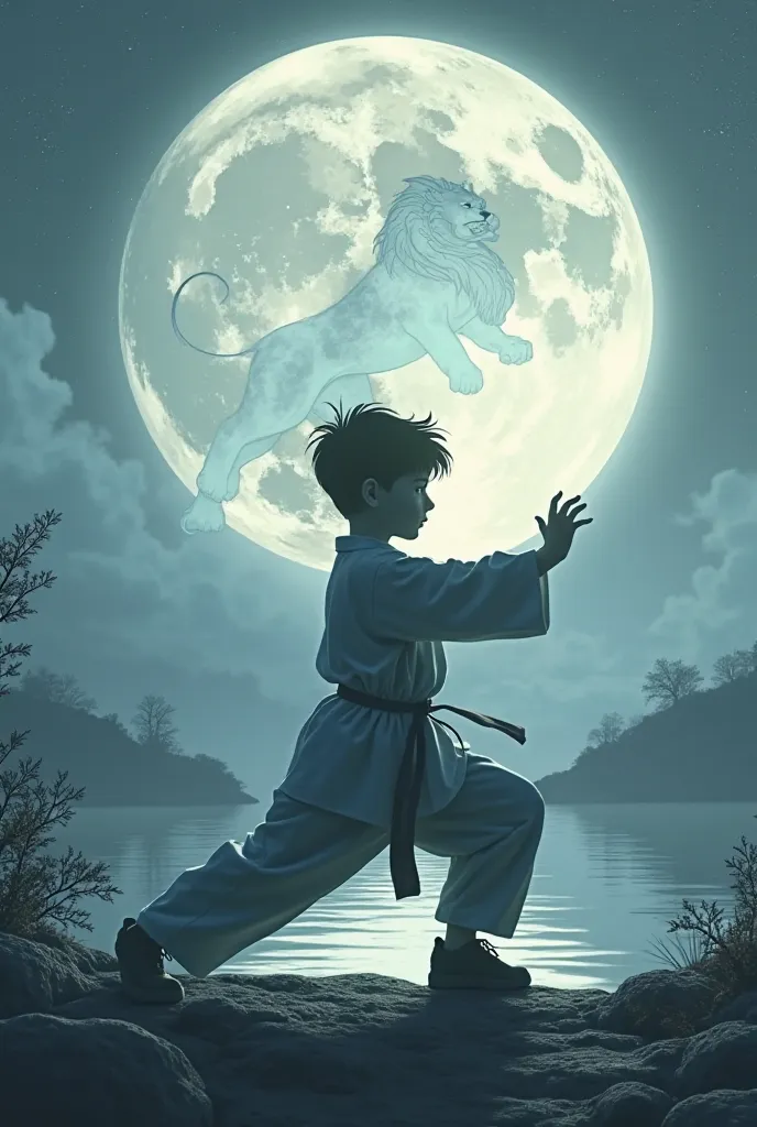 An image of a silhouette of a boy doing Taichi and in his shadow a lion is reflected in the background, the text "MARCOS" in the background, a large full moon