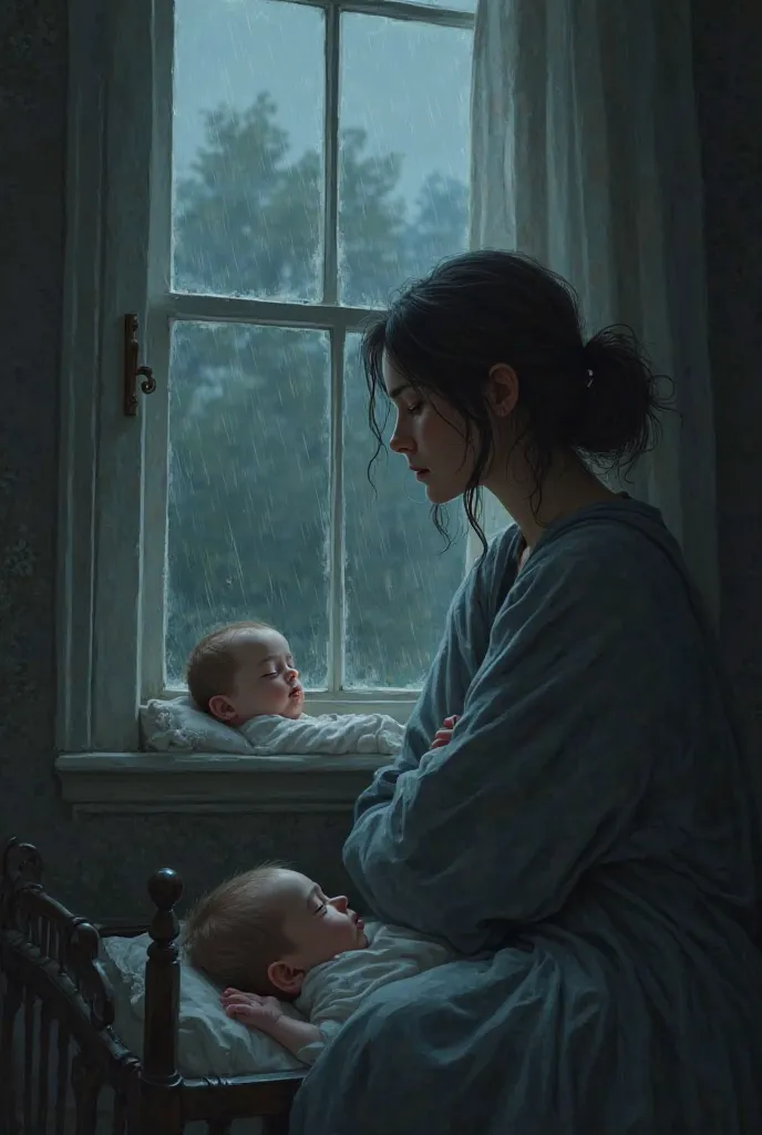 a sad young woman sits in a blanket by the window, outside which it is raining, a newborn sleeps in a cradle nearby