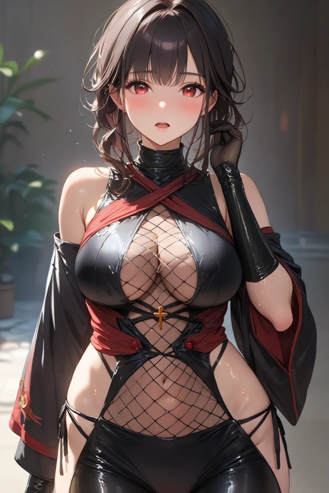 skrnnj, red eyes, black hair, bangs, bare shoulders, black bodysuit, fishnet bodysuit, large breasts, bare shoulders, wide sleeves, black gloves, elbow gloves, bridal gauntlets, hip vent, side-tie panties, 

shiny skin, shiny, 

one girl,  Compatible with ...