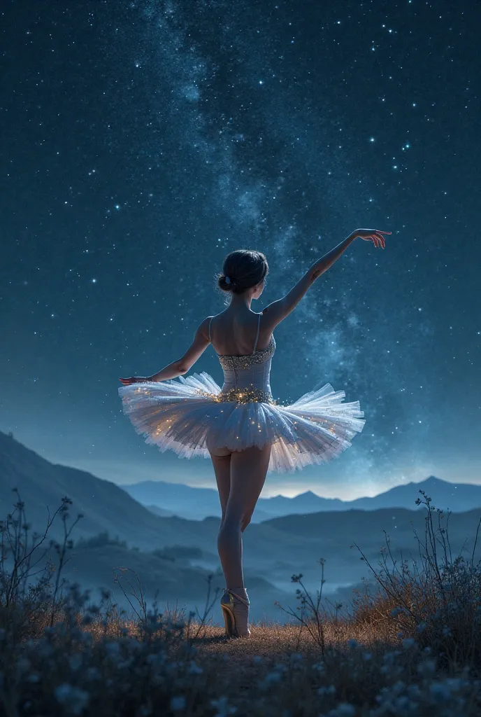 a girl dancing ballet under the starry sky