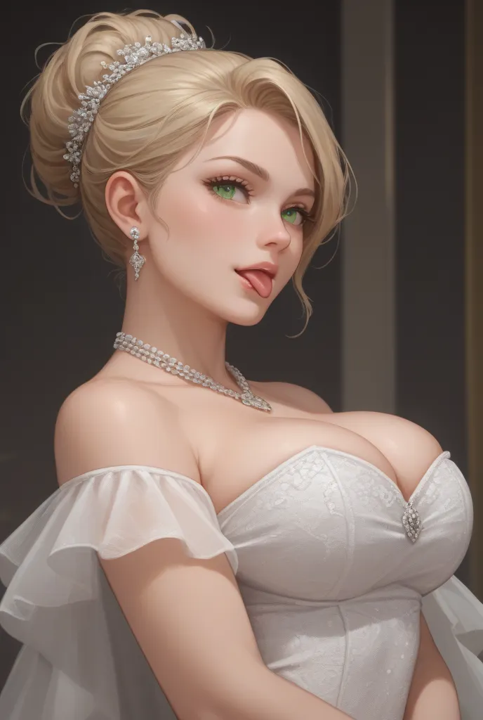 Photo of a 20-year-old young woman,  tongue , She is a blonde with very straight hair up to her shoulders,has green eyes, almost gray , The skin is very white because it is of Russian descent, girl is wearing a ball gown and has her arms crossed