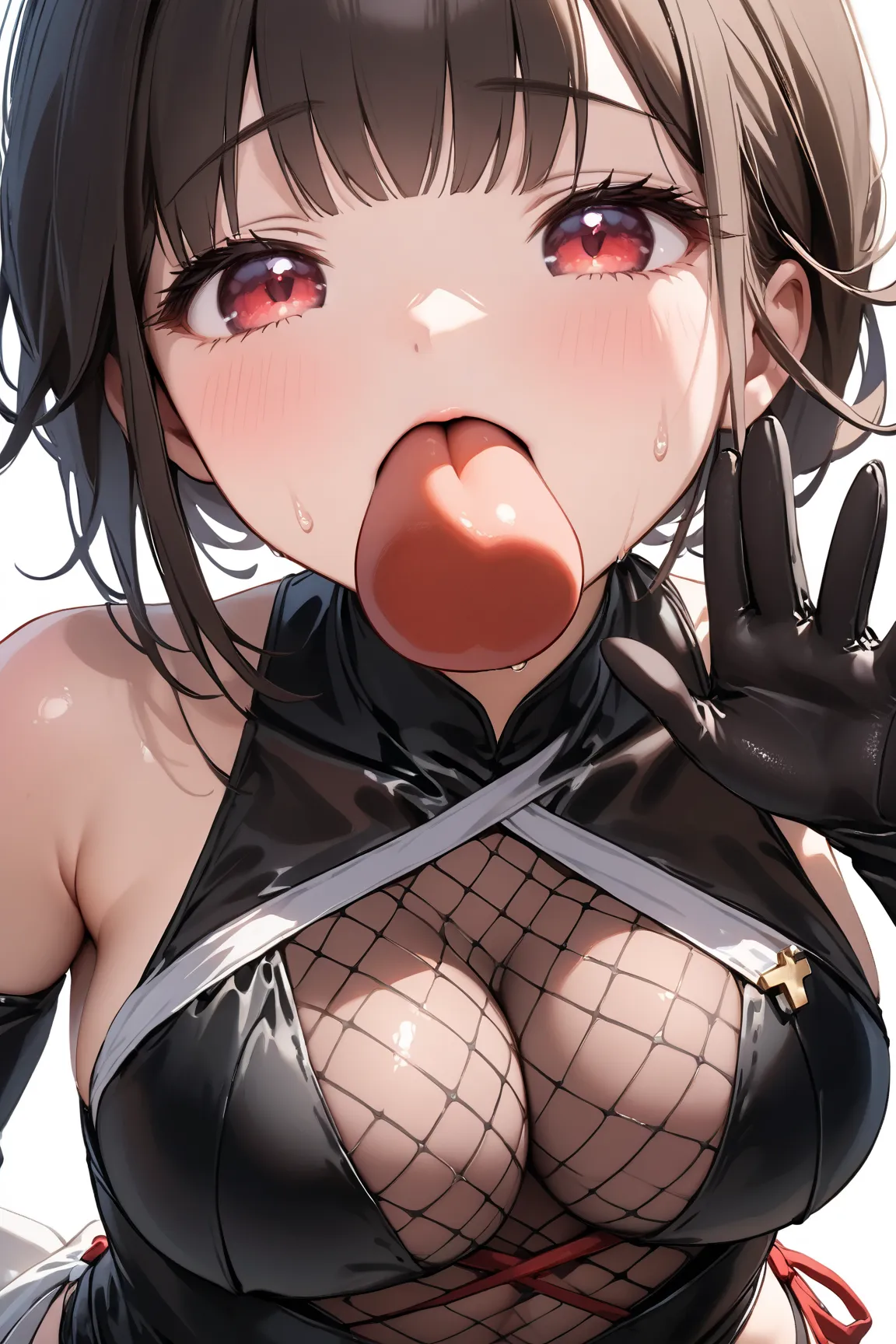 skrnnj, red eyes, black hair, bangs, bare shoulders, black bodysuit, fishnet bodysuit, large breasts, bare shoulders, wide sleeves, black gloves, elbow gloves, bridal gauntlets, hip vent, side-tie panties, 

shiny skin, shiny, 

 chibi, tongue, tongue out,...