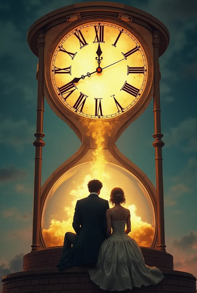 . Designing the cover of a novel that combines the element of time and civilizations. in the background, a huge (Or an hourglass) clock with light effects that reflect the passage of time. at the top, Emma and William ( 16-s ) in modern clothes sitting on ...