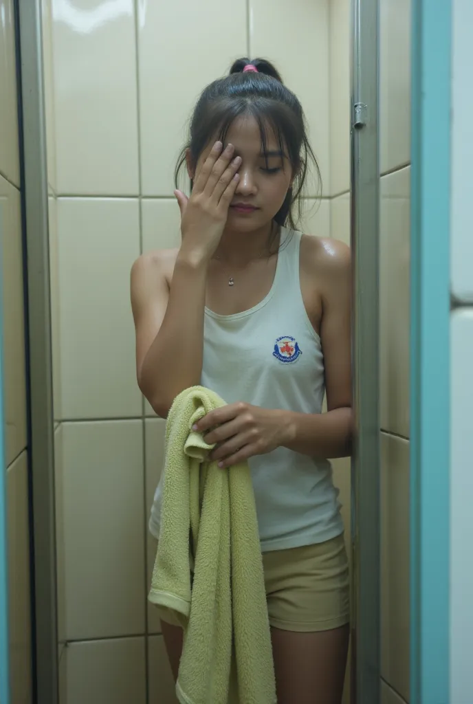 Realistic photo of an Indonesian girl taking a shower from the school toilet and the bath towel gets wet in the shower water and she is embarrassed and embarrassed when she closes the school toilet door 