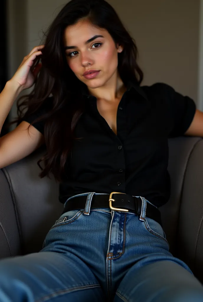 A girl with belted wide leg jean with black shirt fully on chair 