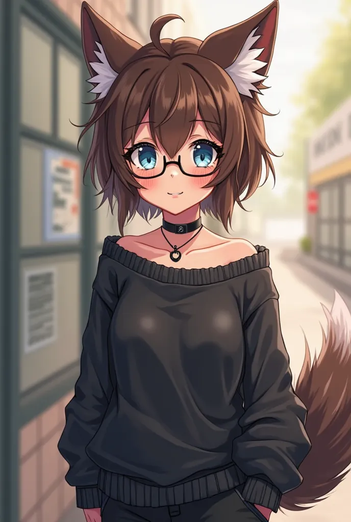 Anime wolf girl, fluffy tail, wolf ears, short messy and charmingly tousled brown hair, brown wolf ears, and tail, wearing a black loose sweater, with choker on her neck, with dog tags, put black ring piercings in one of the ears, blue eyes- black sweat pa...