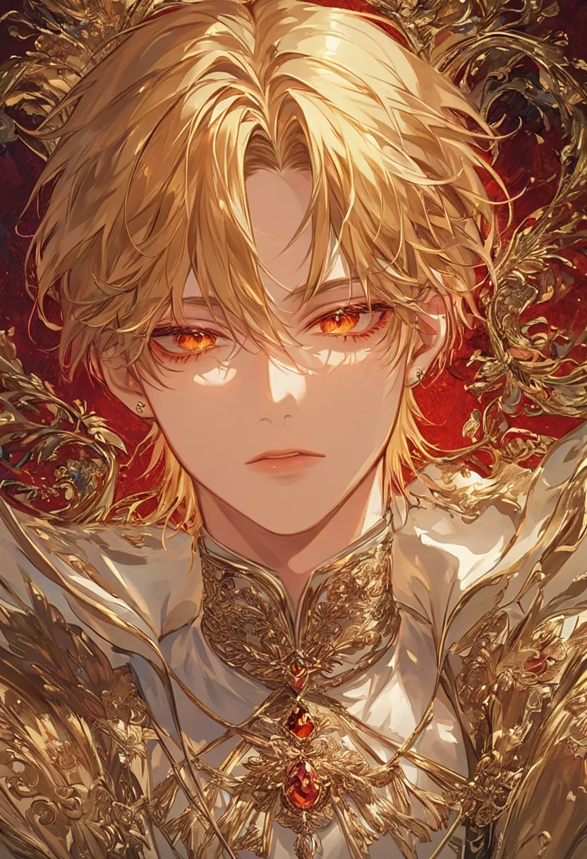 "A hyper-detailed, ultra-high-resolution anime-style illustration of a male character. His golden-blonde hair is richly vibrant, with deeper gold highlights and soft strands that gleam like molten metal in the light. His hair cascades elegantly around his ...