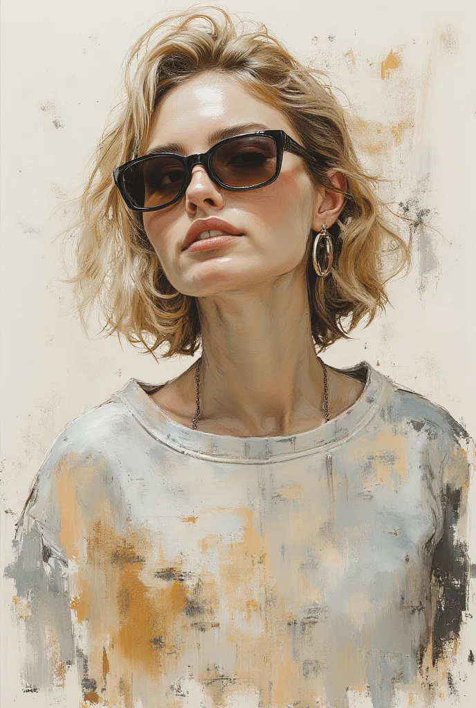 An artistic sketch of a modern sunglasses,  sweatshirt with graphic design, beautiful woman, medium culry blond hair, big earings, accessories. The portrait features a mix of minimalistic linework and painterly strokes in soft, muted tones, graphic element...