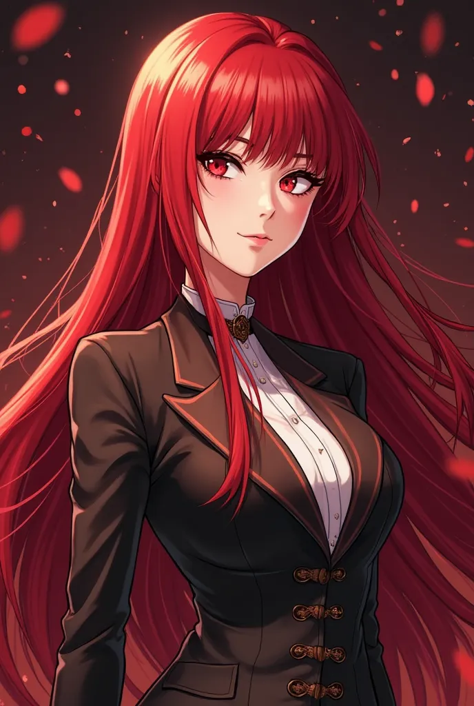 Create an anime-style woman. She has crimson red, extremely long hair that flows elegantly. Her eyes are also crimson red and her eyes are very small, radiating intensity. She wears a sophisticated, noble outfit that exudes luxury and power. Seu rosto é mu...