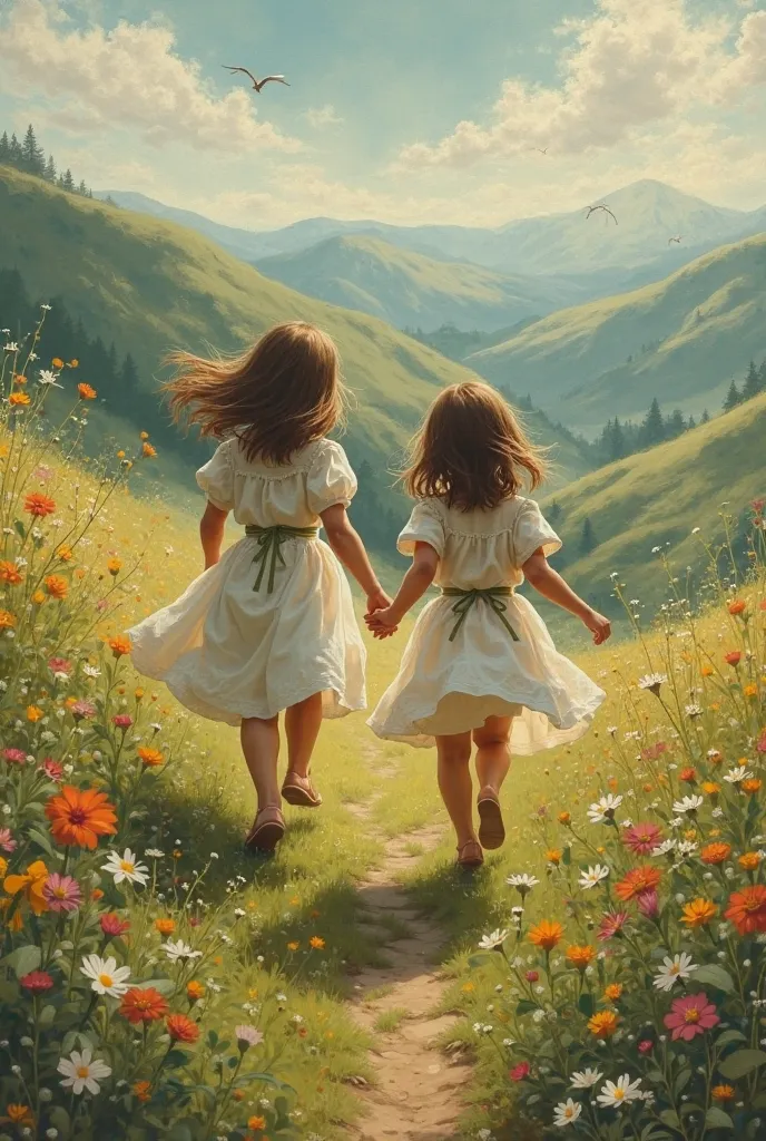 Two small girls facing away while running and holding hands in a renaissance painting style