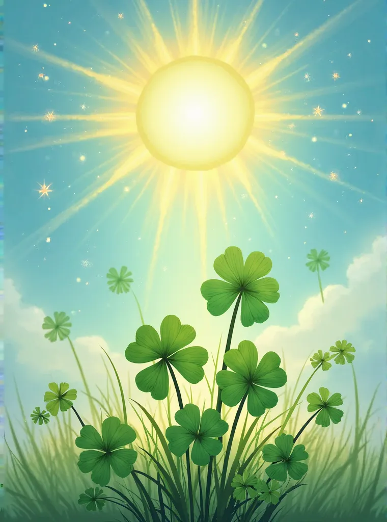 image with several clovers with four green leaves, Background of the image a bright sun with its rays, Picture in drawing