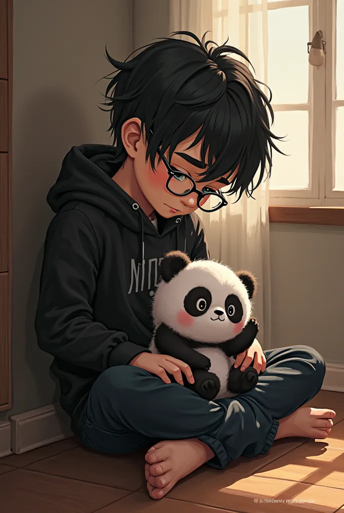 I want a boy sitting in Disney version with black hair, black clothes and his shirt has a hood, he wears glasses, he is white, thick eyebrows, he is sitting in a corner listening to music with his little panda and a little choclito