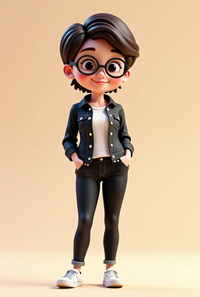 3D cartoon of a,58 tall, wearing glasses, With a cute body, black hair, brunette woman wearing a black denim jacket and pants,  and white sneakers .