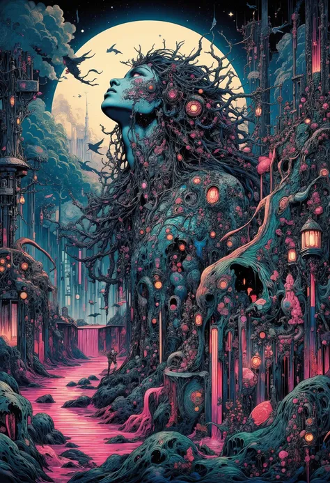 A strange portrait of a woman with her head slightly bent in half a turn, the image is a continuation of an unknown planet, eyes the color of the screen of an on-screen monitor flicker with cosmic pixels, skin resembles a weathered stone covered with a blu...