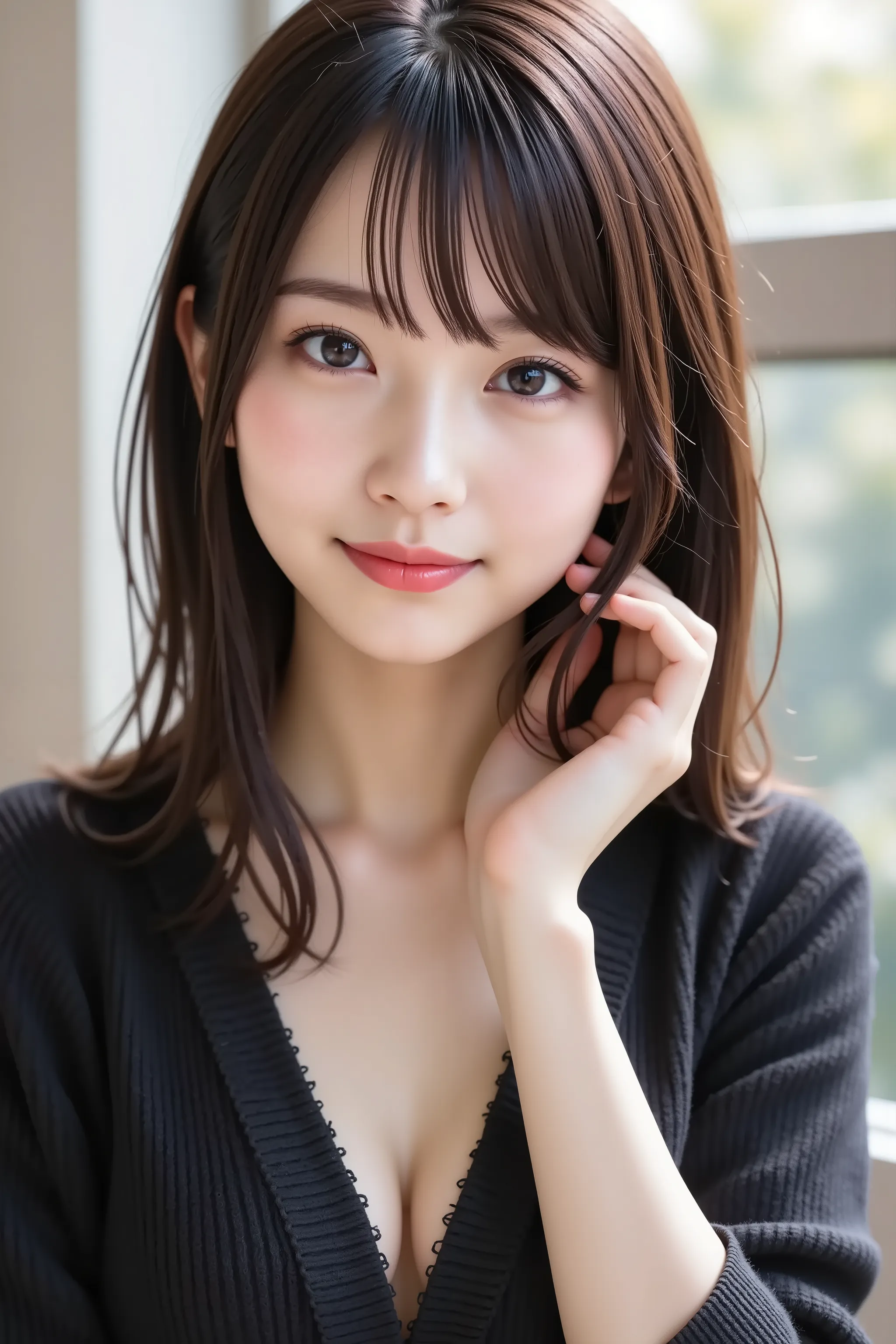 The face is positioned exactly in the center of the image , , the entire head is fully reflected , Face clearly visible、 black sweater, car, long hair、bungs, smile, young and cute japanese face , Official Art, high image quality during sick leave CG Unity ...