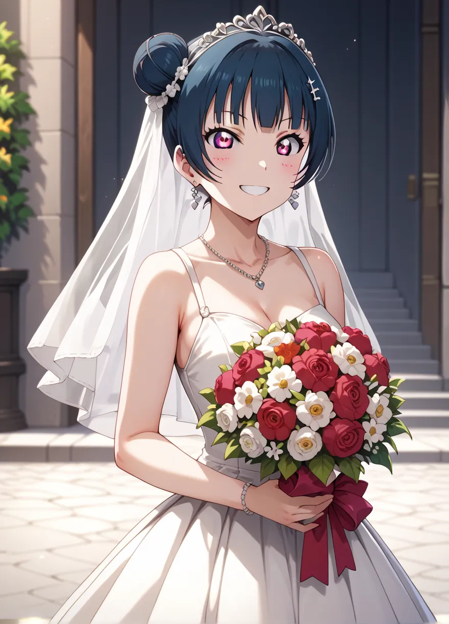 An image of Yoshiko Tsushima in her wedding dress holding a red bouquet of flowers and smiling.high quality, high resolution, bun hair, 