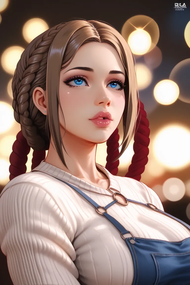 Look Up at Their Knees, Women Wearing Sweaters, Huge breasts, Plump lips, glass, blue eyes, Braided Pony, brown hair, high quality, 4K, high resolution, Masterpiece, Extreme detail, realistic, HDR, studio lighting, Extra Fine Paint,  Vivid , Bokeh, portrai...