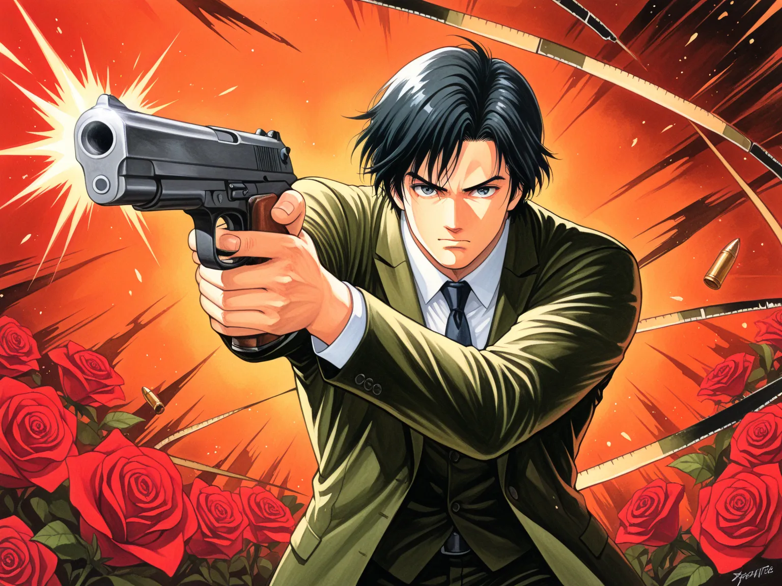 saeba ryo,1boy  ,weapon,alone,male focus,gun,traditional media,formal,flower,suit,rose,firing,necktie,handgun,red flower,marker (medium),black hair,holding gun,red rose,score_9,score_8_up  ,(Bullet Time Dodge:1.5),Age up  ,(There is 1 bullet:1.5),
watercol...