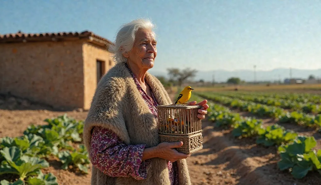 Doña Rosario , an old woman of white hair and a face marked by the years, he is standing in front of his humble adobe house, with an old sheepskin covering his shoulders. In his hand he holds an artisanal wooden cage, in which a small yellow bird jumps and...