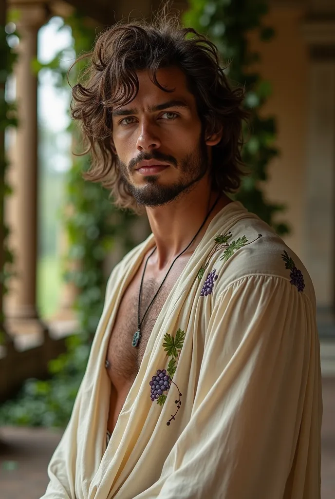 Imagine an artistic photograph that portrays Dionysius, The Greek god of the grape and the theater, captured from the face to the thighs. in the image, he has wavy and slightly messy hair, with highlights that shine under soft lighting, giving him an air t...