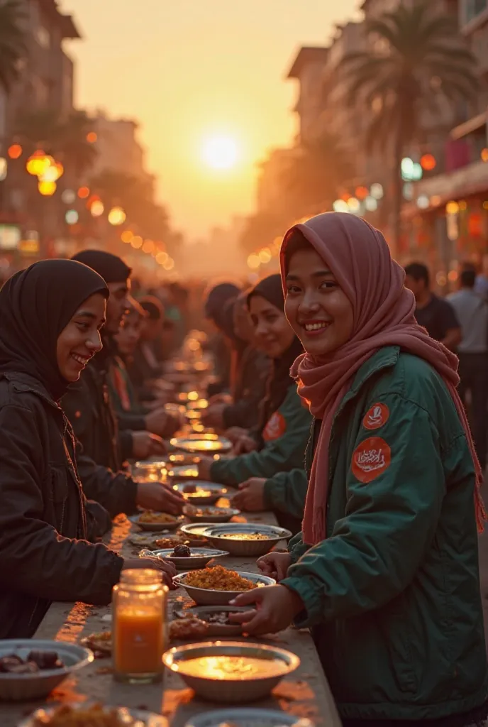 A group of university students wearing jackets bearing the campaign logo stand on a crowded street during the sunset during Ramadan. They distribute free breakfast meals to those in need with warm smiles. The tables are decorated with traditional food dish...