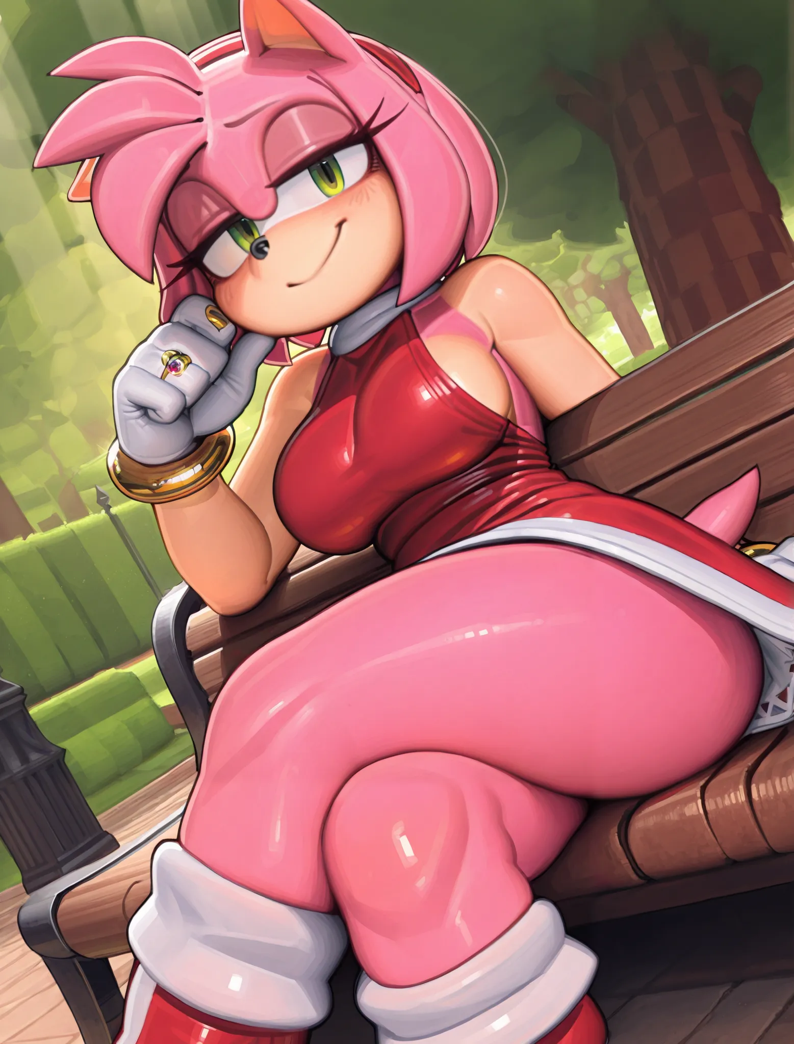 ((amy rose)), ((pixelsketcher)), ((wamudraws)), ((masterpiece)), ((High resolution)), ((solo portrait)), {(attractive figure), (beautiful legs), (pink fur), (black nose),  (hedgehog ears), (cute green eyes), (short tail), (cute smile)}, {(red dress), (red ...