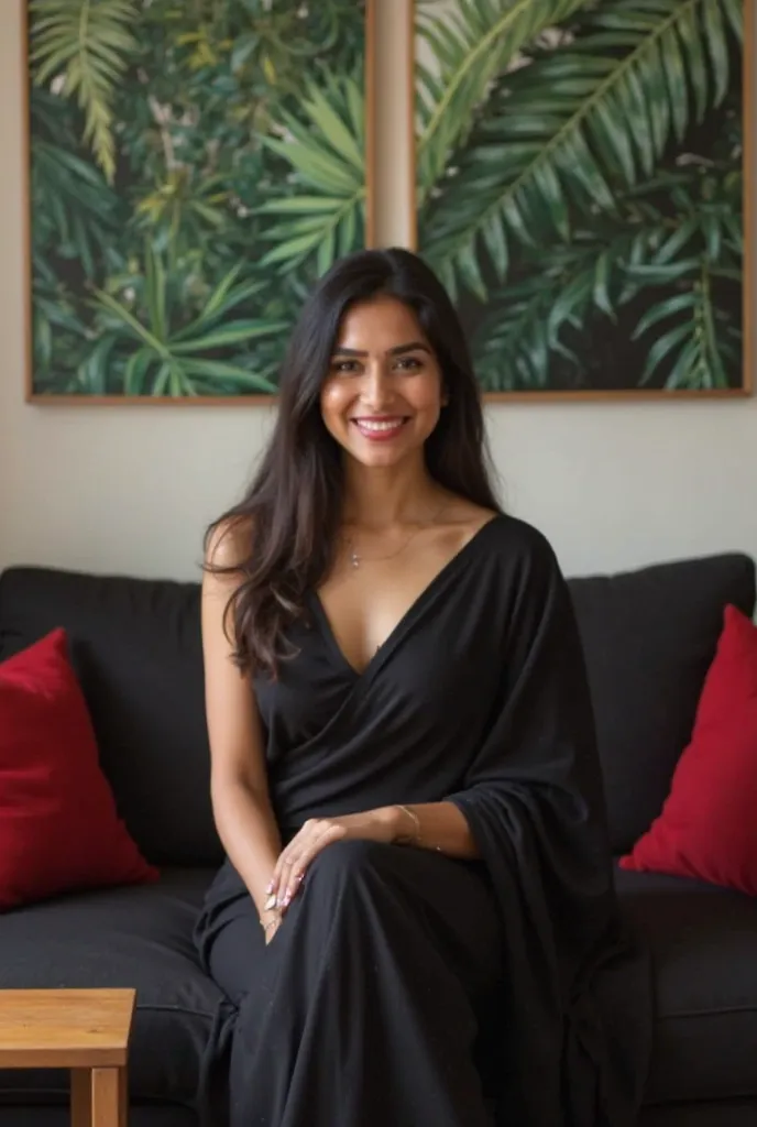 The image is a portrait of a young woman sitting on a black couch in a living room. She is wearing a black v neckline saree . She has log dark hair and is smiling at the camera. Behind her, there are two large paintings of tropical leaves on the wall. The ...