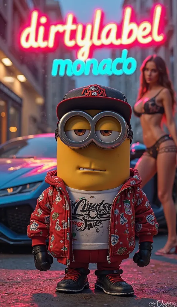 A minion in hip-hop clothes with the word DIRTYLABEL in Monaco next to an expensive car and a beautiful girl in underwear