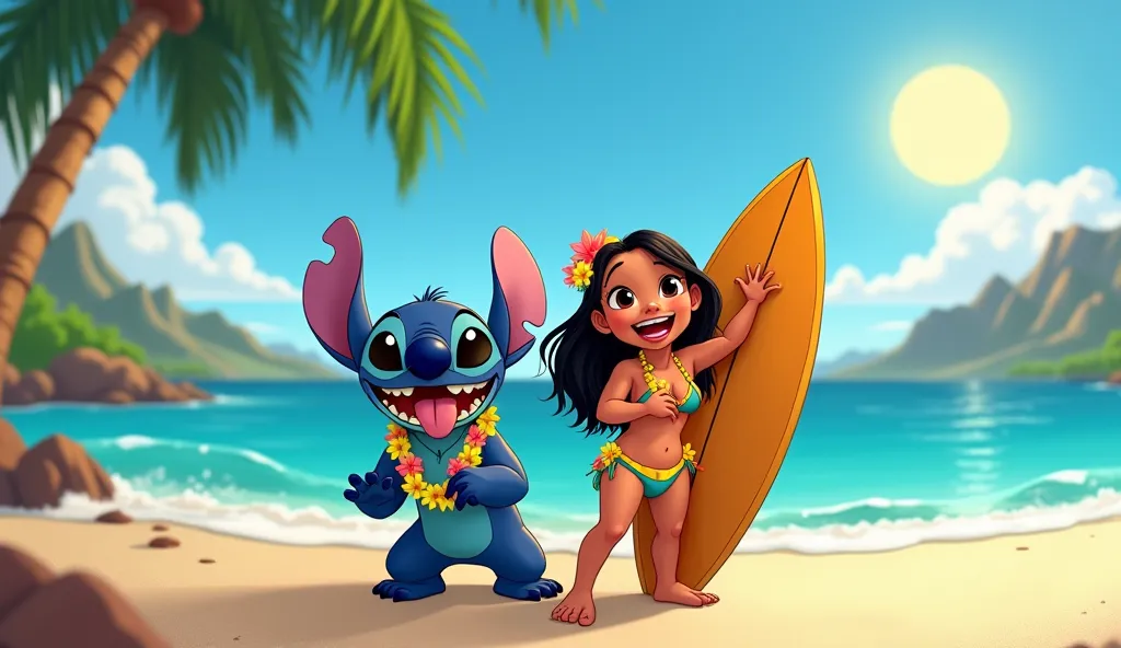 Description of Thumbnail:
Create a vibrant and eye-catching image that shows Lilo and Stitch enjoying summer in Hawaii. The scene should convey fun, adventure and the tropical climate. Use bright colors and elements that attract the public's attention.

 K...