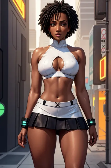 ebony skin, black skin, dark skin, pantyshot, skirt, underboob, white croptop,  cyberpunk,  1girl , Jennifer Lopez,  Amandla Stenberg , Uma Thurman